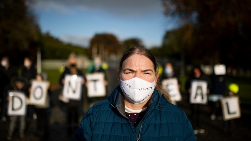 Majella Connolly, who was born in St Patrick’s mother and baby home on the Navan Road, attended the protest outside Áras an Uachtaráin. File photograph: Tom Honan/The Irish Times.