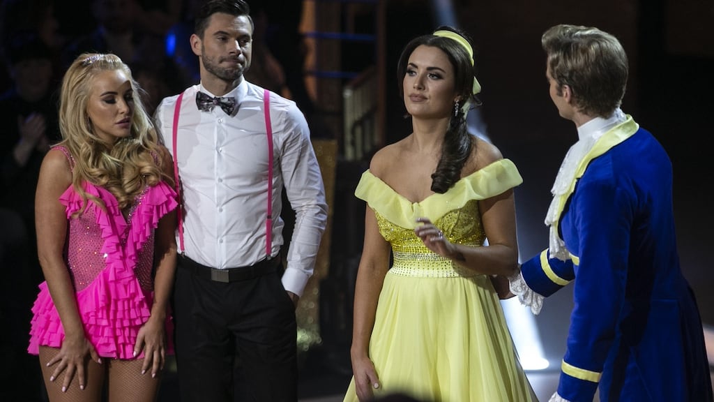 “I’m gutted – I’m so devastated”: Holly Carpenter (in yellow) with Trent Whiddon after they were voted off Dancing with the Stars. Photograph: Kyran O’Brien