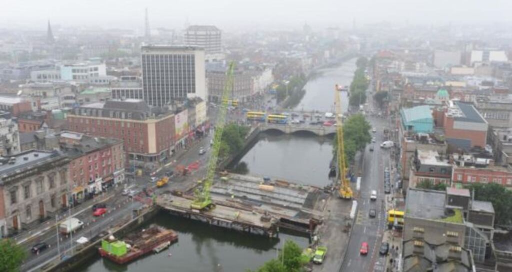 Construction work under way on the Rosie Hackett bridge over the River Liffey from Eden Quay to Burgh Quay in Dublin. Photograph: Alan Betson/The Irish Times
