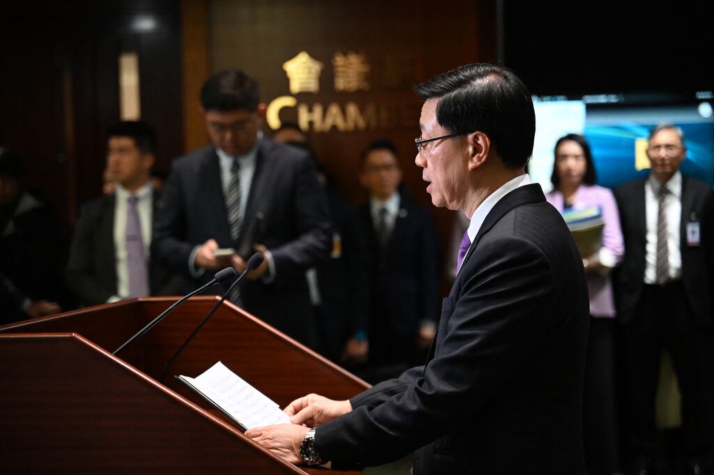 Chief executive John Lee speaking to the media in the Legislative Council building after the passing of the Article 23 National Security Law in Hong Kong. Photograph: Peter Parks/AFP via Getty Images