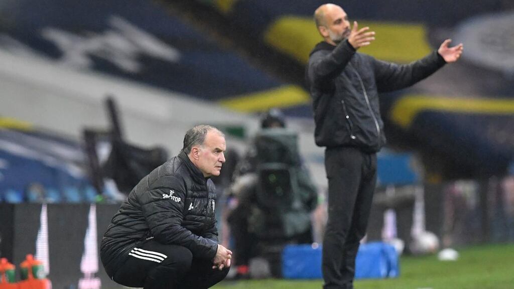 Leeds United manager Marcelo Bielsa and Manchester City manager Pep Guardiola on the sideline during the Premier League match at Elland Road. Photograph: Paul Ellis/PA Wire