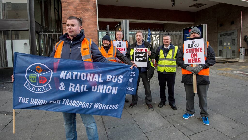 Michael Peakin, NBRU Branch Secretary outside Busarus this morning. Photograph: Brenda Fitzsimons / The Irish Times