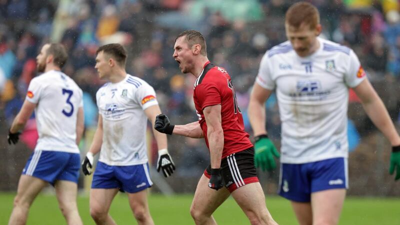Down’s Caolán Mooney celebrates his goal in the Ulster SFC quarter-final against Monaghan at St Tiernach’s Park in Clones. Photograph: John McVitty/Inpho
