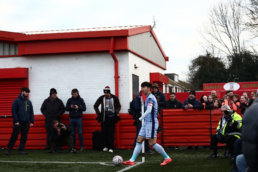 Tottenham's Son Heung-Min prepares to take a corner kick during the FA Cup third-round match against Tamworth at The Lamb Ground. Photograph: Henry Nicholls/AFP via Getty Images