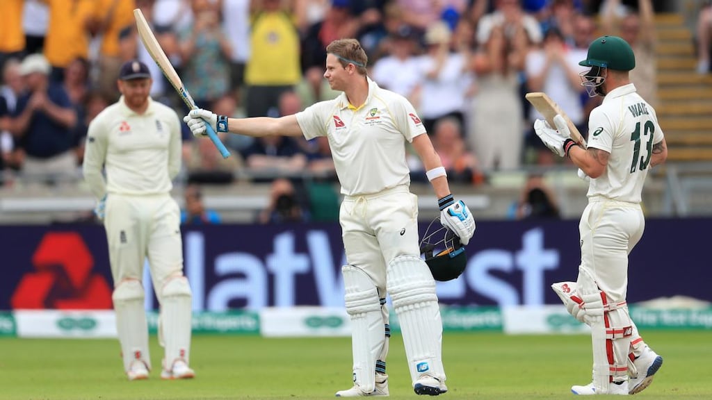 Steve Smith celebrates reaching his second innings century at Edgbaston. Photograph: Mike Egerton/PA