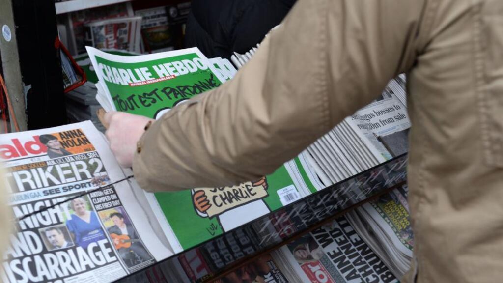 The “survivors’ issue” of Charlie Hebdo sold eight million copies worldwide, and the wave of post-massacre sympathy brought 270,000 subscriptions. Photograph: Dara Mac Donaill