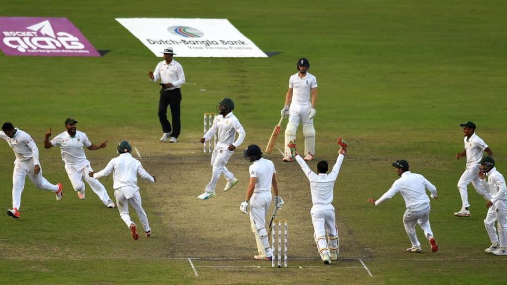 Bangladesh celebrate the wicket of Zafar Ansari on a famous day in Dhaka. Photograph: Getty