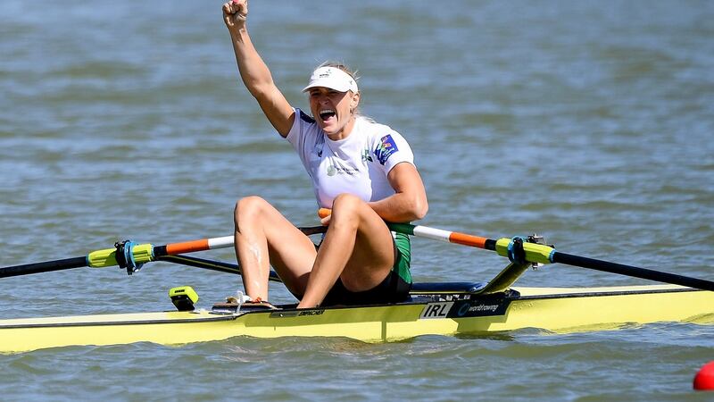 Ireland’s Sanita Puspure celebrates winning the gold medal in the women’s singles sculls final. Photograph: Detlev Seyb/Inpho