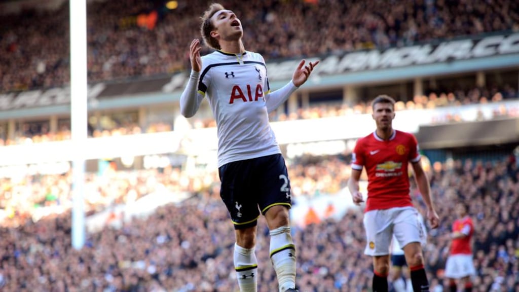 Christian Eriksen of Spurs reacts after a missed chance on goal during the Premier League match against Manchester United at White Hart Lane. Photograph: Michael Regan/Getty Images