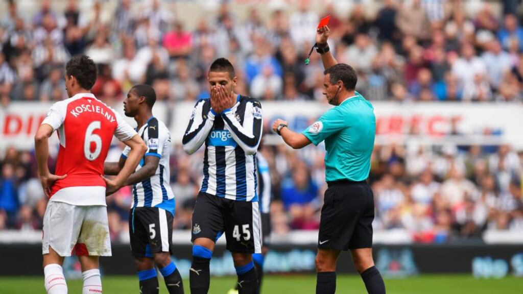 Aleksandar Mitrovic’s red card after 16 minutes left Newcastle with an uphill battle against Arsenal. Photograph: Getty
