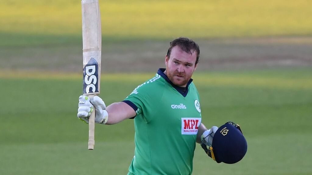 Ireland’s Paul Stirling reacts to reaching his century during the third One Day International cricket match against England at the Ageas Bowl in Southampton. Photograph: Mike Hewitt/AFP via Getty Images