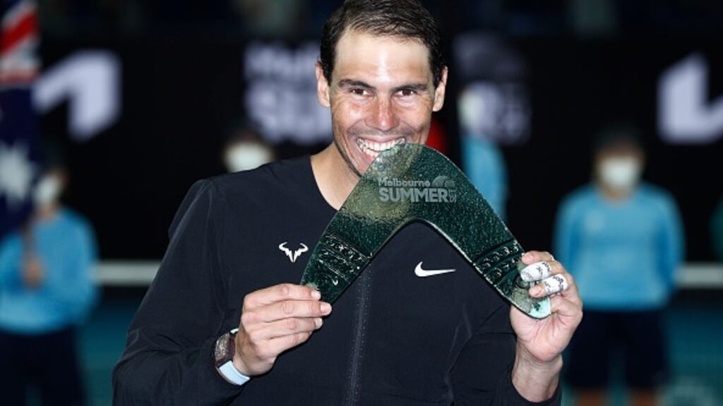 Rafael Nadal celebrates after winning the Melbourne Summer Set title. Photograph:  Darrian Traynor/Getty Images