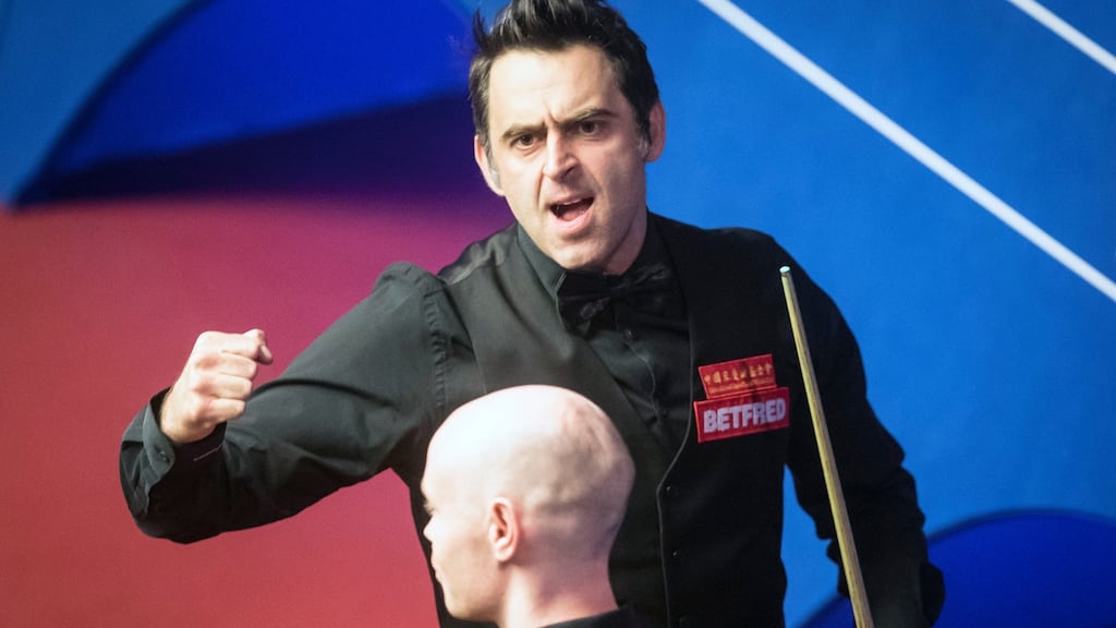Ronnie O’Sullivan celebrates beating Gary Wilson on day two of the Snooker World Championships at the Crucible Theatre. Photograph: Danny Lawson/PA Wire