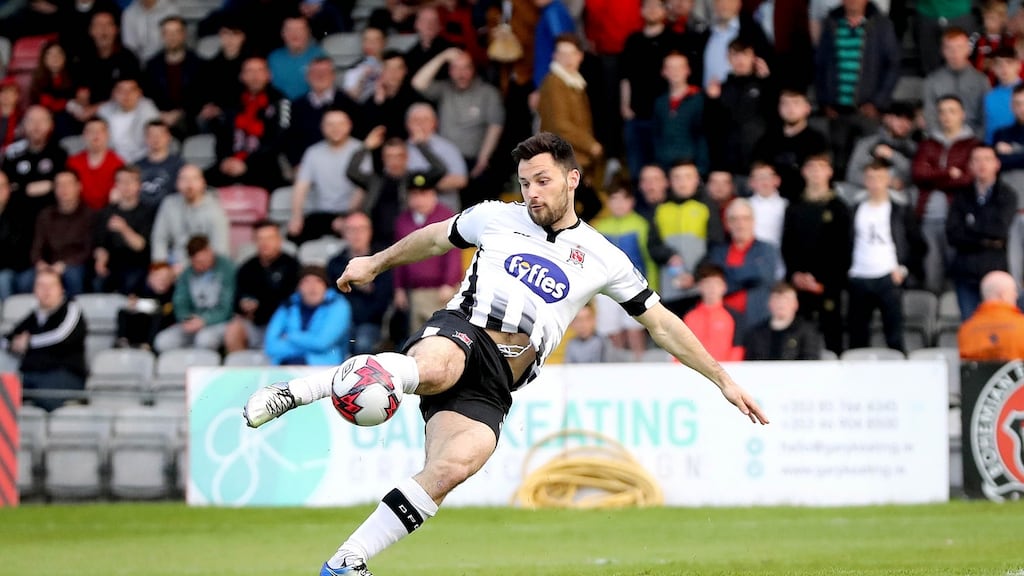 Patrick Hoban scores for Dundalk in the SSE Airtricity League Premier Division match against Bohemians at Dalymount Park. Photograph: Ryan Byrne/Inpho