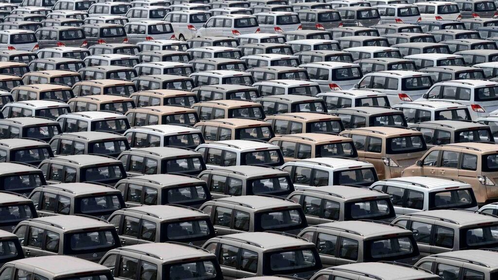 Chinese Changan cars are parked inside a factory in Chongqing. Data released today show China’s manufacturing is contracting in May for the first time in seven months. Photograph: Reuters.