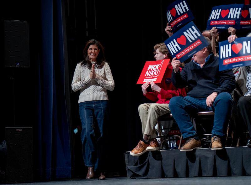 Republican presidential primary candidate Nikki Haley during a rally at Exeter High School in Exeter, New Hampshire on Sunday, January 21st. Trump beat Haley by 11 percentage points in New Hampshire. Photograph: Ruth Fremson/The New York Times