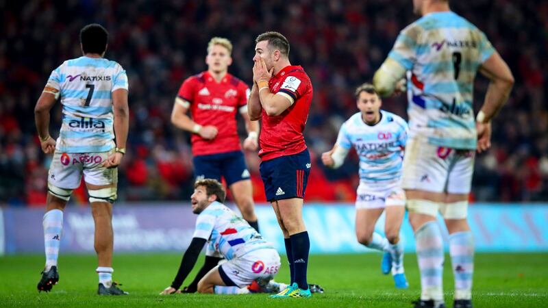 Munster’s JJ Hanrahan reacts to missing a drop goal at the end of the Heineken Champions Cup match against Racing 92 at Thomond Park in November 2019. Photograph: Tommy Dickson/Inpho