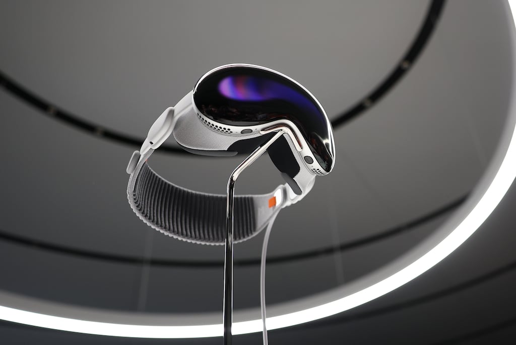 The new Apple Vision Pro headset is displayed during the Apple Worldwide Developers Conference. Photograph: Justin Sullivan/Getty Images