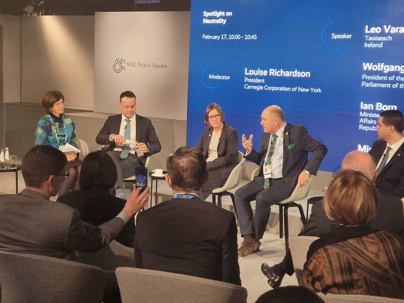 Taoiseach Leo Varadkar at the Munich conference with Prof Louise Richardson; Mirjana Spoljaric, president of the International Committee of the Red Cross; Wolfgang Sobotka, president of Austria's parliament; and Ian Borg, Malta's minister for foreign affairs. Photograph: Conor Gallagher