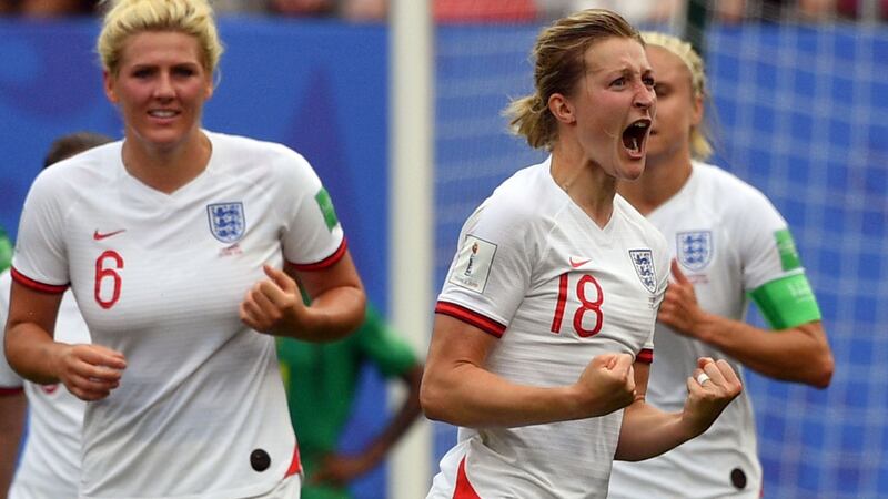 Ellen White celebrates after scoring England’s second against Cameroon. Photograph: Philippe Huguen/AFP/Getty