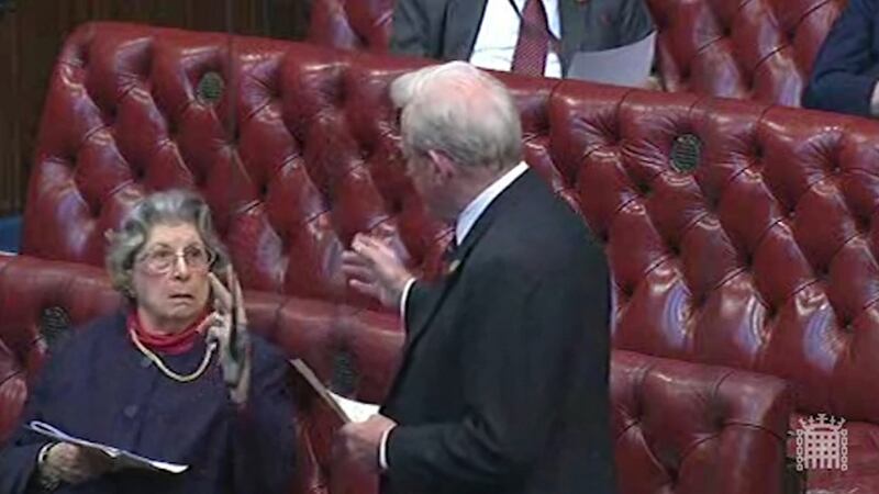 Lady Trumpington making a two-fingered gesture to a fellow peer, Lord King, after he referred to her age during a televised debate in the House of Lords. Photograph: PA Wire