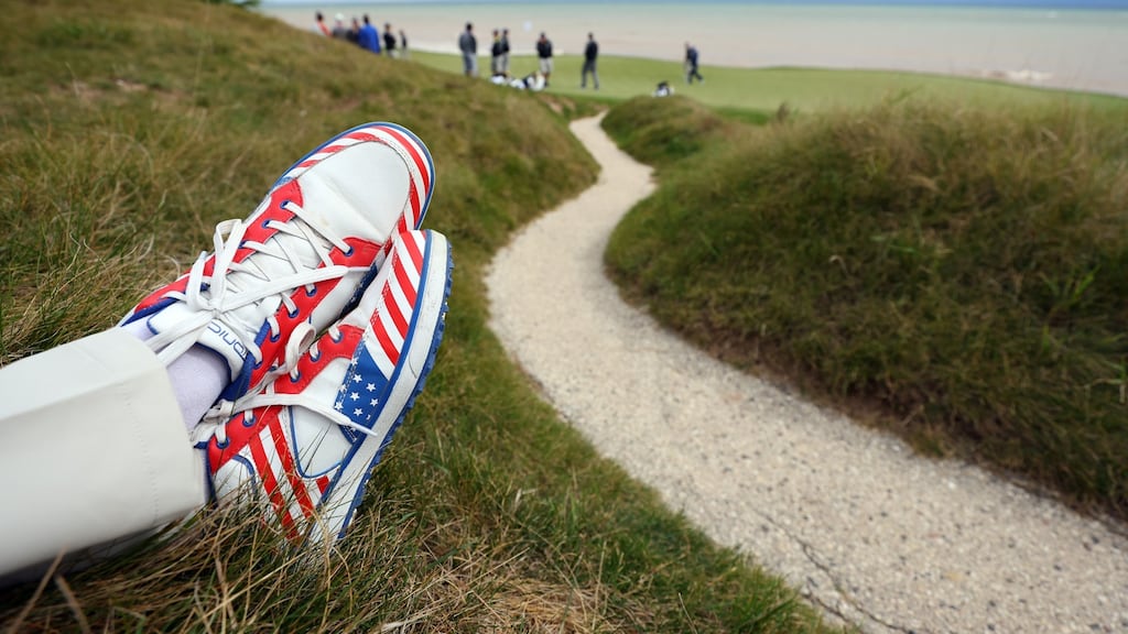Pádraig Harrington’s European team are looking to retain the Ryder Cup trophy they won at Le Golf National in Paris three years ago. Photograph: Richard Heathcote/Getty Images