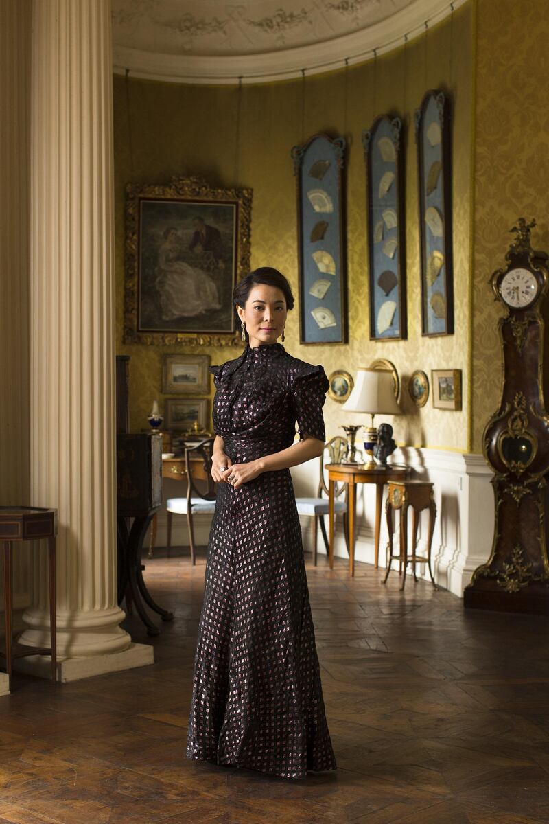 Beetle Dress by Charles James 1930. Photographed on Anna Lady Oxmantown in the yellow drawing room in front of a painting by Oliver Messel of her grandparents in law Michael and Anne