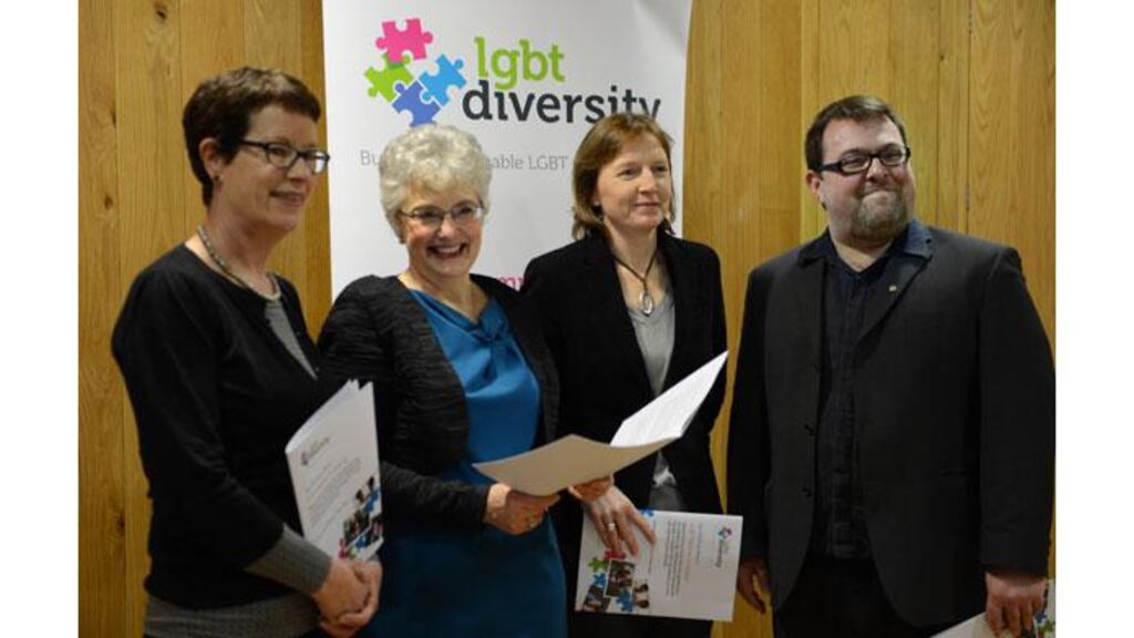 Jane Pillinger, Senator Katherine Zappone, Paula Fagan, and Patrick Stoakes at the launch of the first study into LGBT parents in Ireland at Wood Quay today. Photograph: Cyril Byrne/The Irish Times
