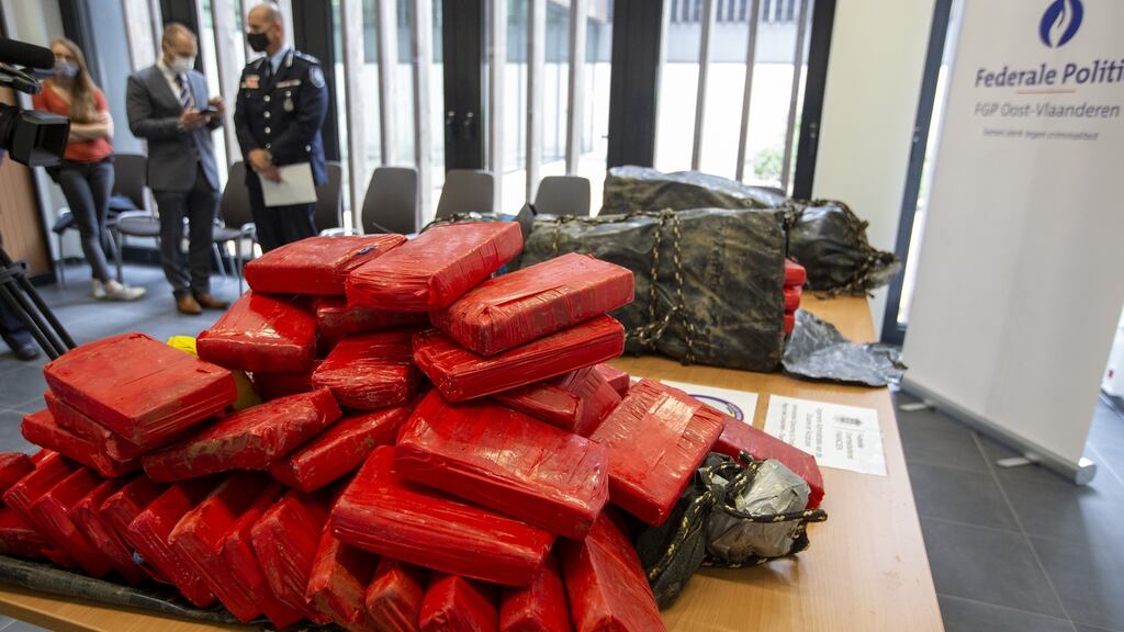 A haul of over 200kg of cocaine at the offices of the Federal Police East Flanders in Dendermonde, Belgium. Photograph: Nicolas Maeterlinck/via Getty Images