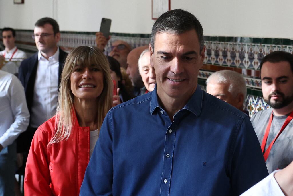 Spain's PM Pedro Sanchez and his wife Begoña Gómez arrive to cast their ballot for the European Parliament election at a polling station in Madrid. Photograph: Pierre-Philippe Marcou/AFP