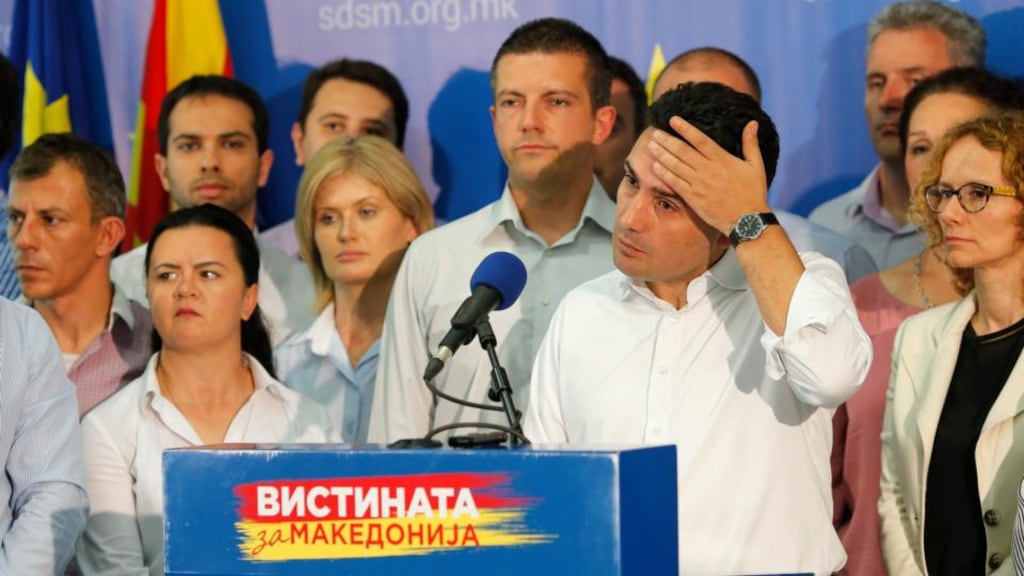 Opposition leader Zoran Zaev speaks at a press conference, in Skopje, The Former Yugoslav Republic of Macedonia. Photograph: Valdrin Xhemaj/EPA