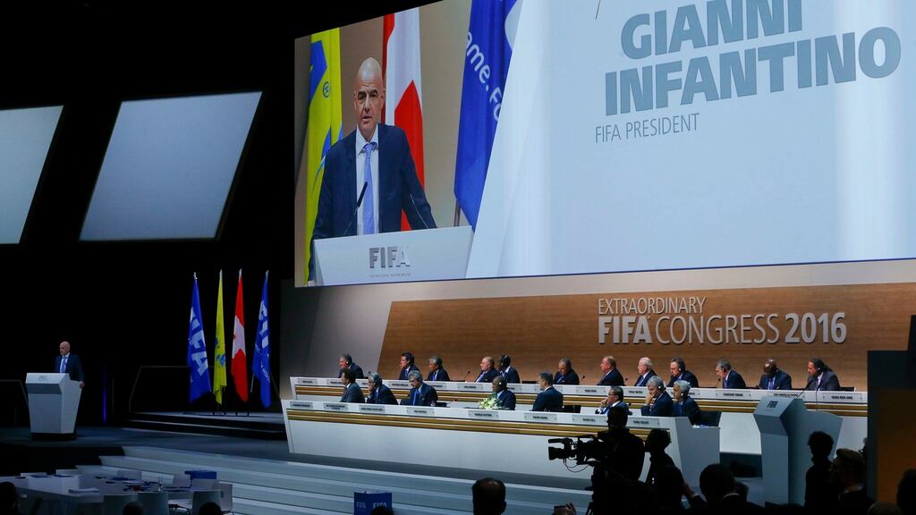 Newly elected Fifa President Gianni Infantino speaks during the Extraordinary Congress in Zurich. Photograph: Ruben Sprich/Reuters