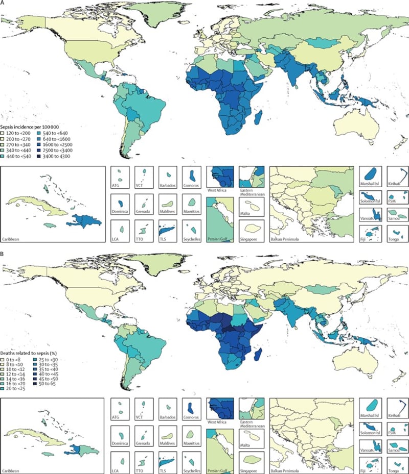 Age-standardised sepsis incidence per 100,000 population for both sexes, in 2017 (A), and percentage of all deaths related to sepsis, age-standardised for both sexes, in 2017 (B). Source: The Lancet