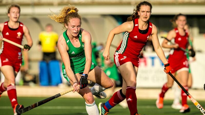Ireland’s Michelle Carey makes a break during the FIH 2022 Women’s Hockey World Cup Qualifer Final against Wales in Pisa. Photograph: Giuseppe Fama/Inpho