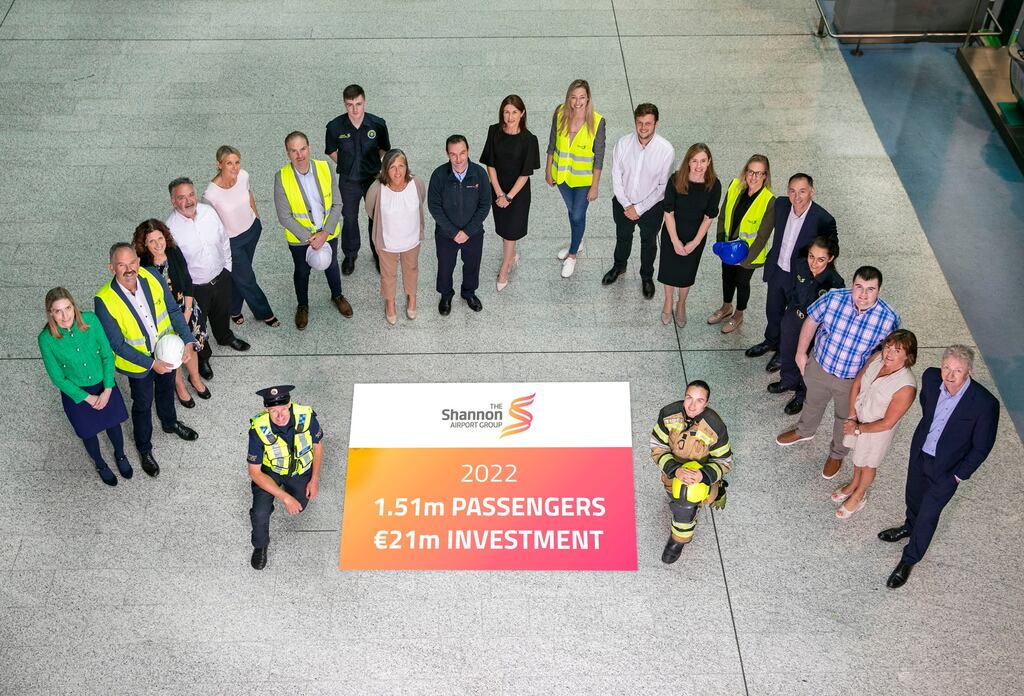 Shannon Airport Group chief executive, Mary Considine (centre), poses with members of staff to mark its handling of 1.51m passengers in 2022.