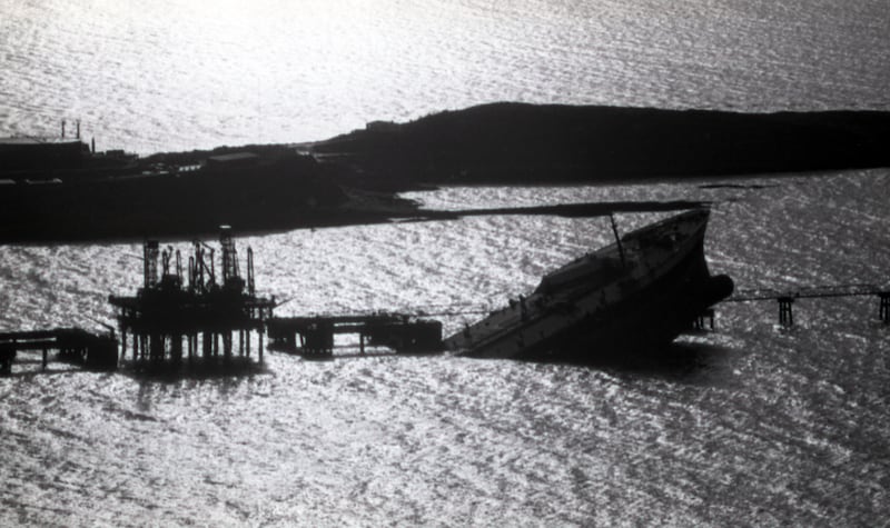 The Whiddy Island oil terminal disaster happened in Bantry Bay, west Cork, in the early hours of January 8th, 1979. Fifty people died after a fire and explosion on the French tanker Betelgeuse, berthed at the Gulf Oil terminal on the island. Photograph: Paddy Whelan