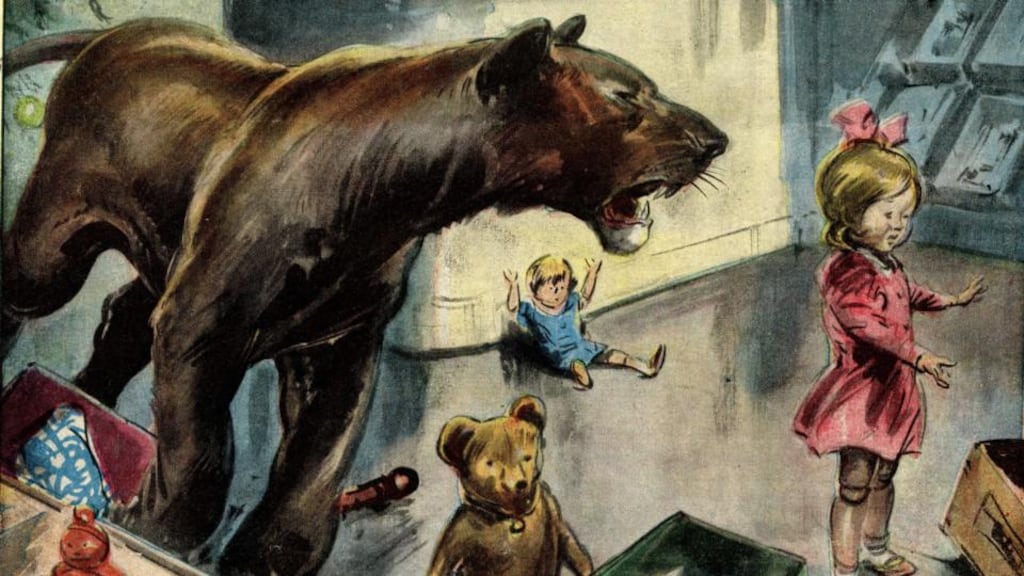 Detail from the illustration of the lioness in a Dublin toy shop by Italian artist Vittorio Pisani, which ran in La Tribuna Illustrata