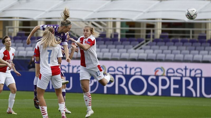 Louise Quinn heads home a goal for Fiorentina during a Women’s Champions League Round match against Slavia Praha at Stadio Artemio Franchi in Florence last December. Photograph: Gabriele Maltinti/Getty Images