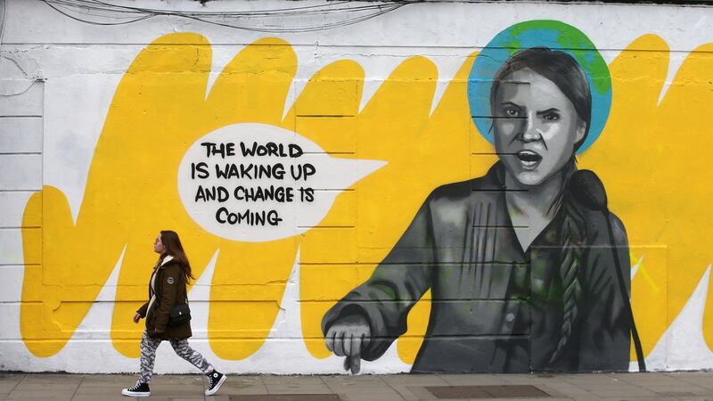 A mural of Greta Thunberg by artist Emmalene Blake in Smithfield. Photograph: Laura Hutton