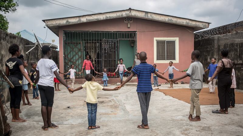 Students pray in the Leap of Dance Academy in western Lagos. Photograph: Sally Hayden