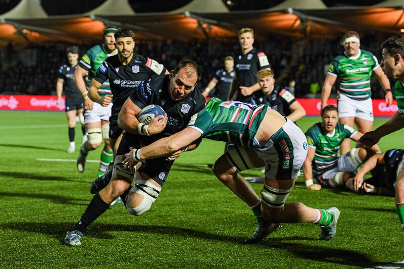 Henco Venter of Glasgow Warriors scores a try during the Investec Champions Cup Round of 16 match against Leicester Tigers at Scotstoun. Photograph: Euan Cherry/Getty Images