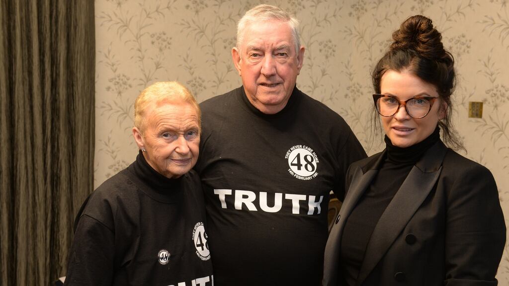 Phyllis and Maurice McHugh, who lost their only child, Caroline, in the 1981 Stardust disaster, and Lisa Lawlor, who was 17 months old when her parents, Francis and Maureen, died in the fire.  Photograph: Dara Mac Dónaill/The Irish Times