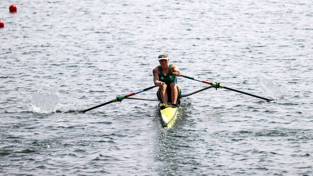 Ireland’s Sanita Puspure in action during her heat of the women’s single sculls at Sea Forest Waterway in Tokyo. Photograph: Bryan Keane/Inpho