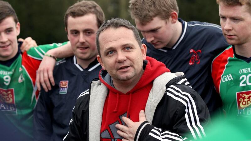 Limerick IT  manager Davy Fitzgerald talks to his team after they had beaten favourites University of Limerick in their Fitzgibbon Cup quarter-final on UL’s  own home ground. Photograph:  Ryan Byrne/Inpho