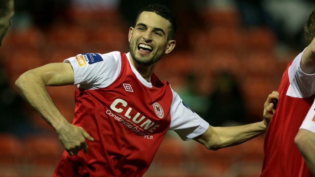 Morgan Langley celebrates scoring his side’s second goal. Photograph: Morgan Treacy