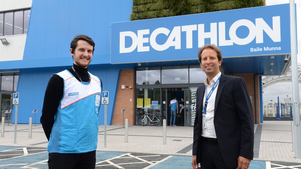 Bastien Grandgeorge (right), chief executive Decathlon Ireland, and Kieran O’Shea, store leader, outside the new Decathlon in Ballymun, Dublin. Photograph: Dara Mac Dónaill