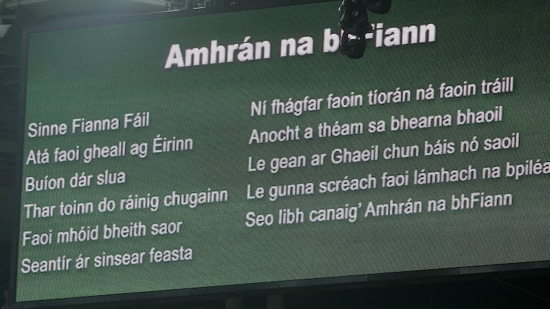 Words of “Amhrán na bhFiann” appear on a screen prior to a GAA match at Croke Park. Photograph: Dara Mac Dónaill01