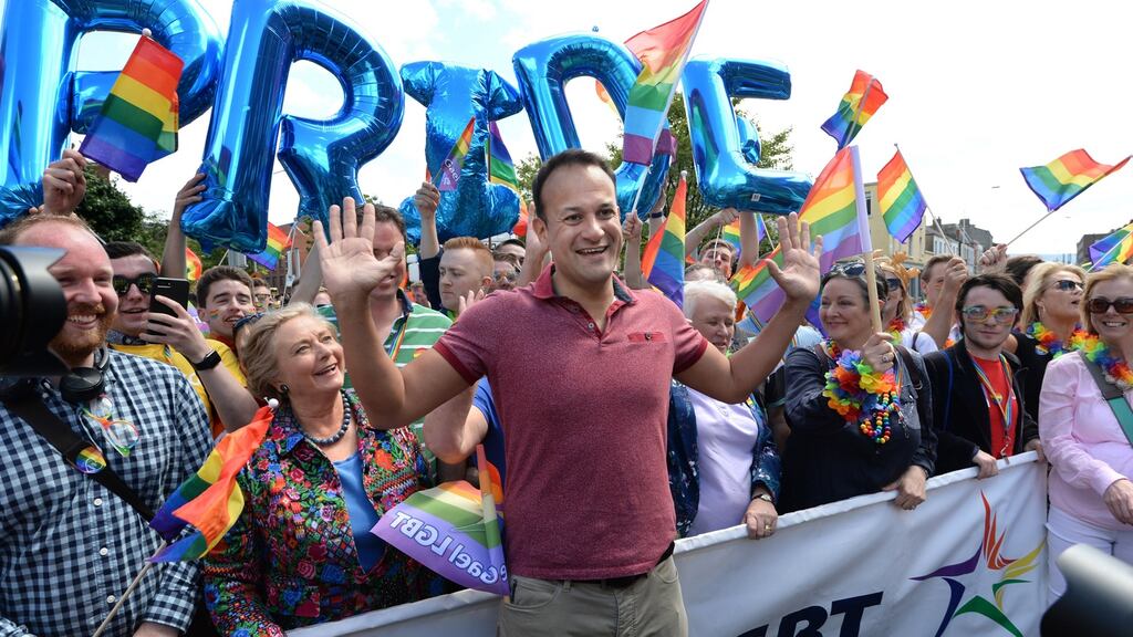 Taoiseach Leo Varadkar and Tánaiste Frances Fitzgerald at the Dublin Pride Parade. Photograph: Dara Mac Dónaill