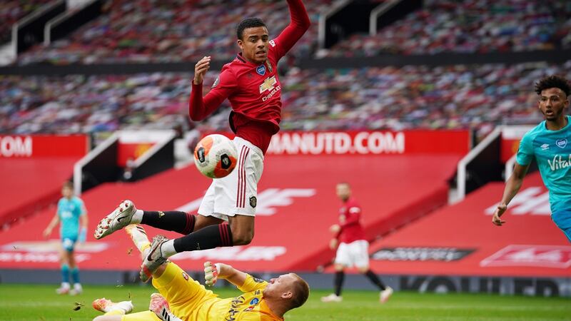 Mason Greenwood of Manchester United in action against Bournemouth goalkeeper Aaron Ramsdale during Saturday’s Premier League match between Manchester United and Bournemouth. Photograph: Dave Thompson/EPA