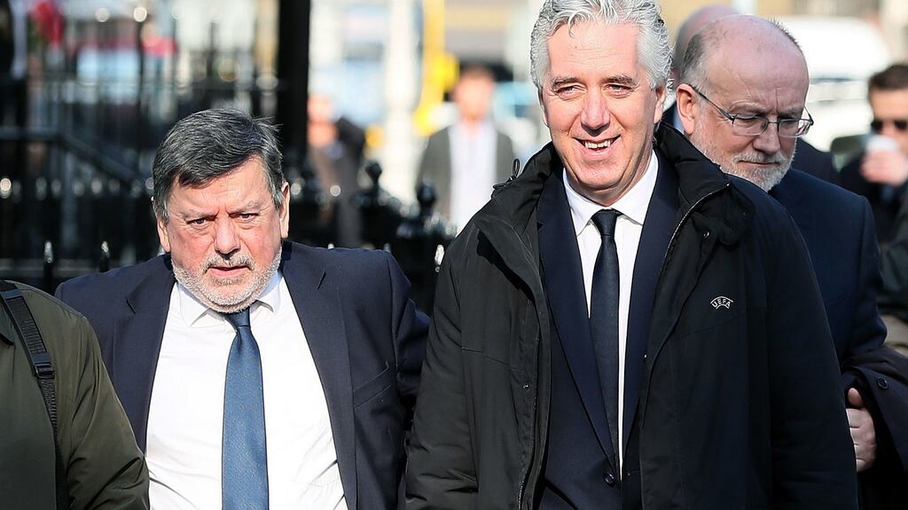 FAI president Donal Conway and FAI executive vice-president John Delaney arriving at Leinster House to give evidence to the Oireachtas Committee on Sport. Photograph: Brian Lawless/PA Wire